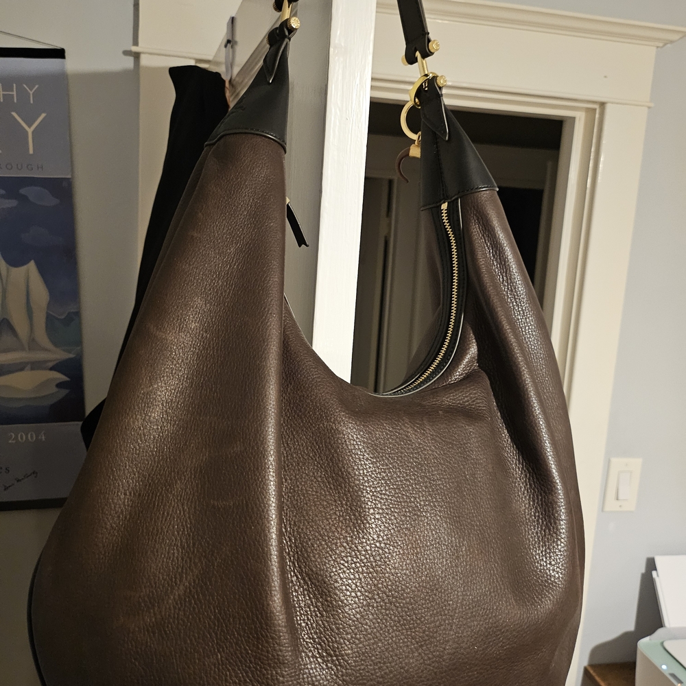 Brown Leather Hobo Bag with Black Trim